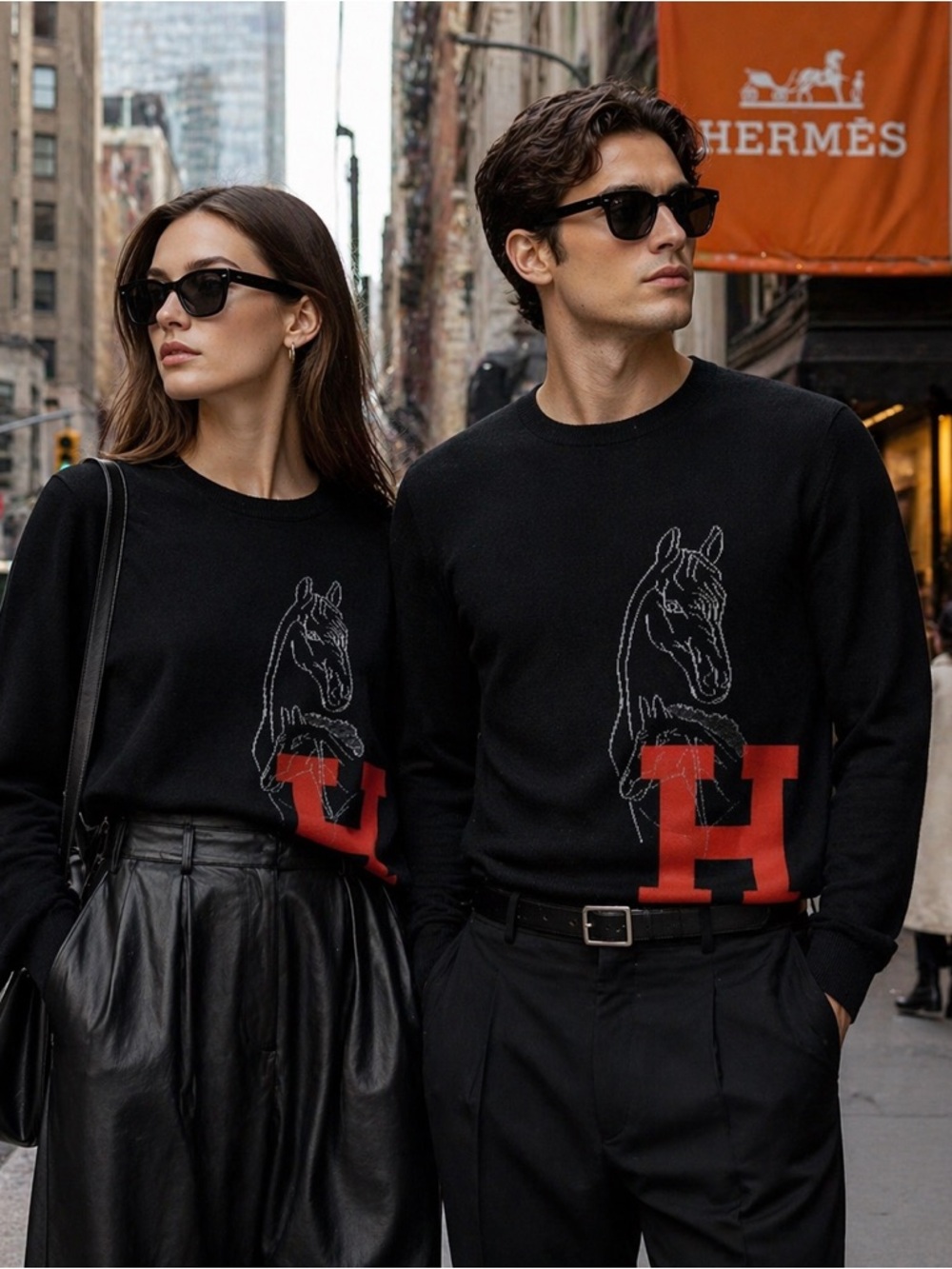 Hermès Wool Knit Sweater Horse Motif Black Red H Unisex Size S NWT